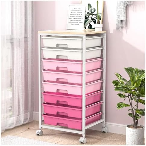 SYKIARIOL Rolling Cart with Drawers,Utility Cart with 8 Drawers,Rose Pink | Craft Organizers and Storage Cart with Wooden Tabletop for Living Room,Classroom, Bedroom,Dorm,Home Office