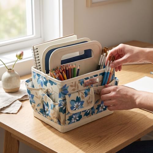 Everything Mary Desktop Tote Organizer – Tan Floral Craft Bag – Portable Storage for Art Supplies, Sewing, Scrapbooking, DIY Tools & Creative Project Organization