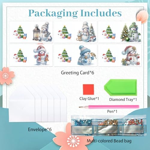 antor 6 Pack Diamond Art Christmas Cards with Envelopes, Special Shaped Rhinestone DIY Diamond Painting Greeting Card Kit, Snowman Design for Adults Holiday Craft Gift