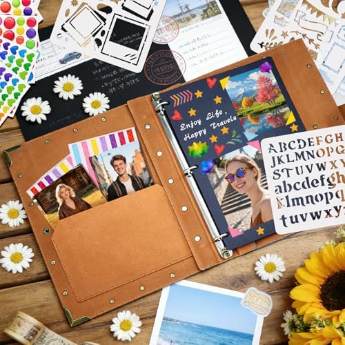 Leather Scrapbook Album 60 Pages Love Memory Book 8.5 x 11 Inch Travelling Journal Scrap Book Scrapbooking Supplies Kits DIY Paper Memory Photo Album for Anniversary Travel Vacation