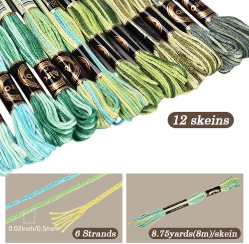 12 Skeins 105 Yards Green Embroidery Thread Variegated Cross Stitch Floss Bulk 6 Ply Polyester Yarn Colorful Friendship Bracelet String for Sewing Making Needlecraft Knitting Stitching DIY