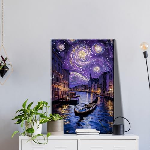 JOOZ Paint by Numbers Kit for Adults with Frame, Starry Night Paint by Numbers with Easel, DIY Town River Boat Paint by Numbers Landscape for Home Wall Decor 8 x 12 Inch