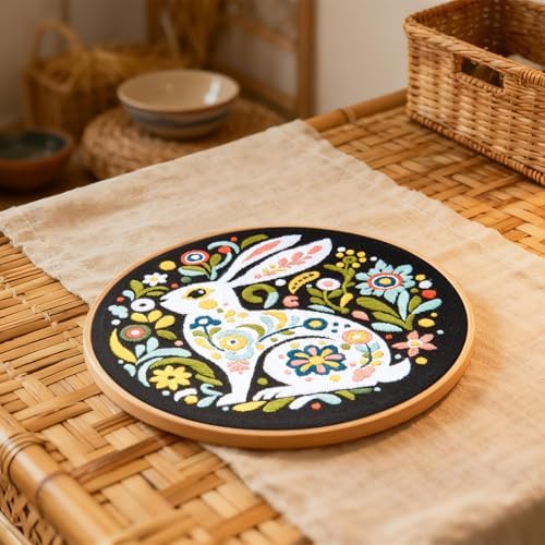 Crafmanoe Embroidery Kits for Beginners Adults, Flowers Rabbit Embroidery Starter Kits, Counted Cross Stitch Kits for Beginners Adults Hobbies Set for Women, Embroidery Hoops, Thread & Video Tutorial
