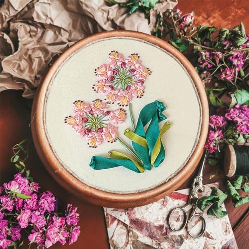 FONNUY Ribbon Embroidery 3D Flowers Pattern Design Kit Embroidery DIY Handwork Set Oval Home Decoration (Pink Crabapple)
