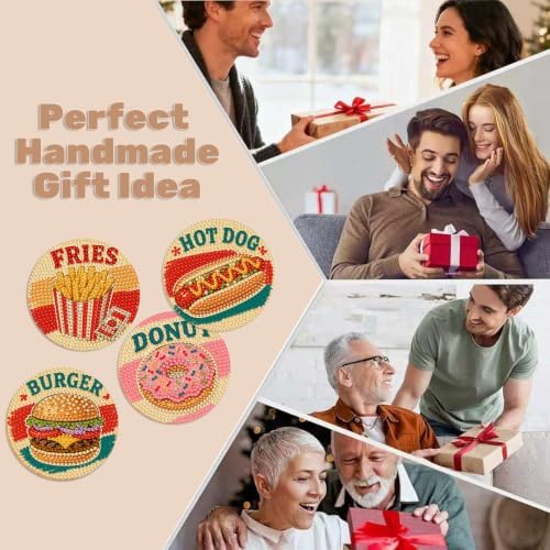 CRZMODE 8 Pcs Burger Diamond Art Coasters Kits, Diamond Painting Coasters with Holder Set of 8, DIY Burger Art Crafts Supplies for Adults Cup Mat House Warming Gifts Non-Slip
