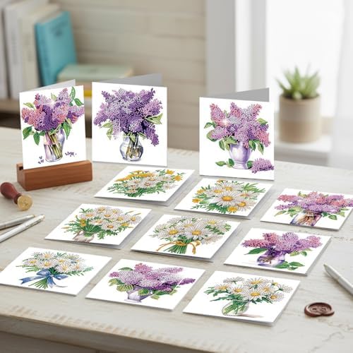 C'eitura Diamond Art Painting Greeting Cards 12 Pack DIY 5D Lilac Daisy Floral Rhinestone Mosaic Folded Cards, Handmade Craft Gift Adults Women Birthday Mothers Day