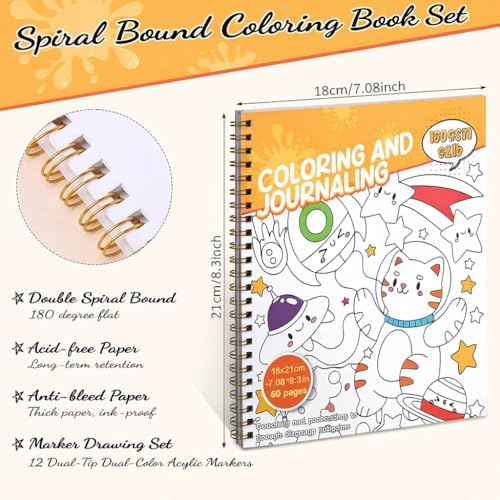 150gsm Coloring Book with Markers, 7x8.3in Travel Coloring Kit for Kids
