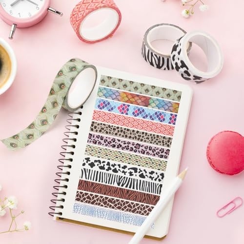 12 Rolls Leopard Animal Print Washi Tape Set,Cute Animal Pattern Decorative Tape,Cheetah Cows Zebra Peacock Decorative Masking Tapes for DIY Scrapbook Journaling Handbook Making Card Wrap Craft Gift