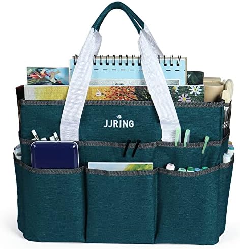 JJRING Craft Organizer Tote Bag Large Art Storage Caddy Bluish Green | With Multiple Pockets For Sewing, Scrapbooking, School, Medical, And Office Supplies