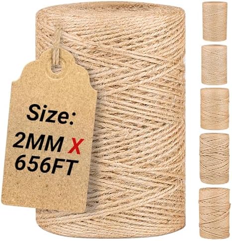 Natural Jute Twine String 2mm x 656ft Bulk Jute Rope for Crafting, Gardening, Gift Wrapping - Brown Decorative Cord for Cat Scratching Posts, DIY Projects