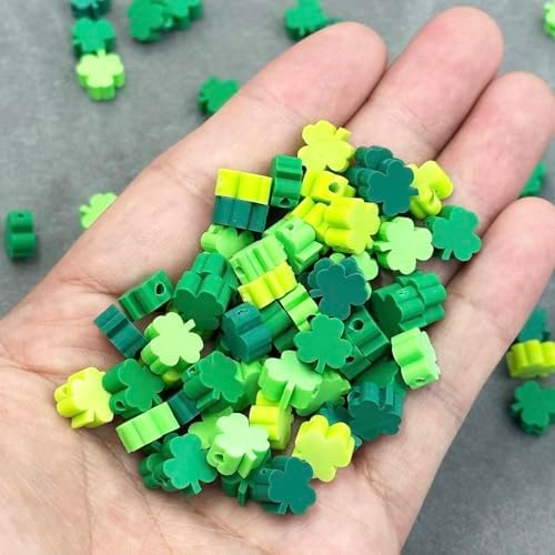 100Pcs St. Patrick's Day Shamrocks Handmade Polymer Clay Beads, Luck Clover Prints Polymer Clay Spacer Beads for Women Jewelry Making DIY Charms Bracelet Necklace Hair Clip Accessories Handmade Craft