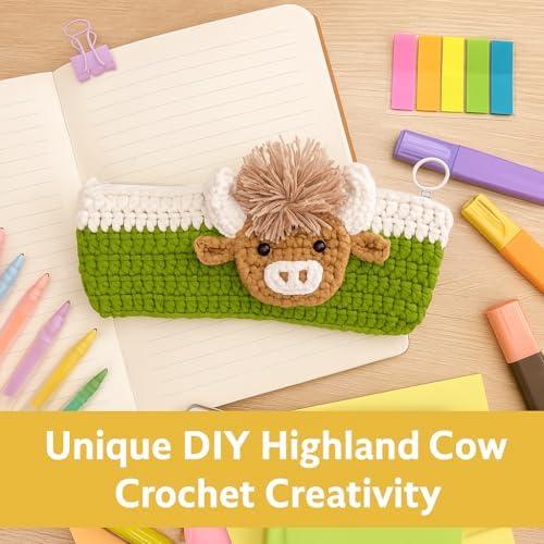 Highland Cow Crochet Kit for Beginners, Learn to Crochet Pencil Bag Starter Set with Video Tutorial & Crocheting Manual, Easy Yarn Knitting Kit for Adult, DIY Amigurumi Birthday Xmas Gift Idea