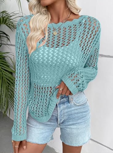 EVALESS Crochet Tops for Women Long Sleeve Hollow Out Knit Sweaters