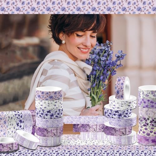 Purple Floral Washi Tape Set - 12 Rolls Decorative Masking Tape Crafts