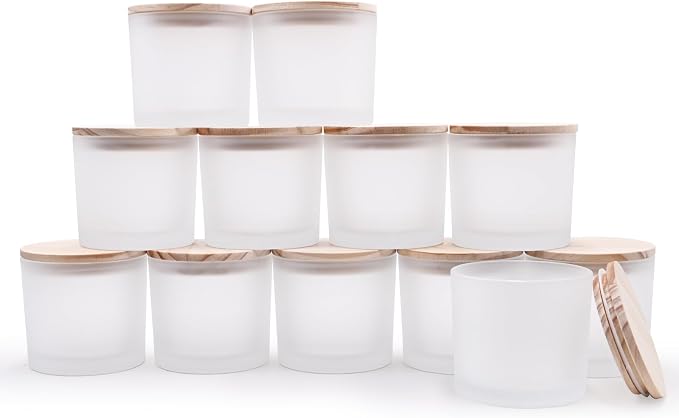 SHOWIN 12 OZ Thick Candle Jars for Making Candles 12 Pcs, Empty Jars with Wood Lids for Spice Jars, Sample Container, Frosted White