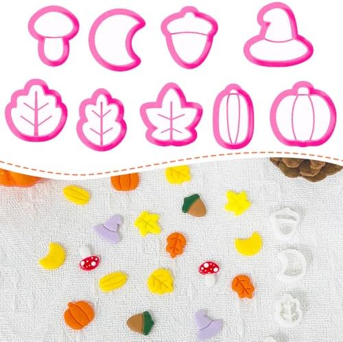 Xaekicr 9PCS Fall Theme Polymer Clay Cutters for Earrings – Autumn Leaves, Pumpkin, Acorn, Witch Hat Clay Cutters – Polymer Clay Molds & Tools for Jewelry Making
