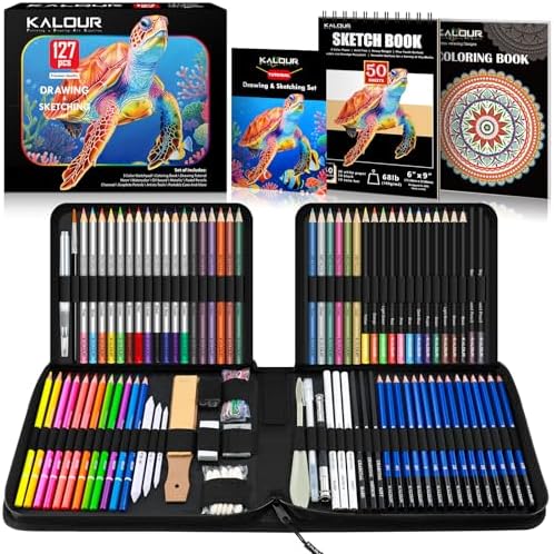 KALOUR PDAS 127 Drawing Set Sketching Kit, Pro Art Supplies with 3-Color Sketchbook & Coloring Book, Neon, Colored, Watercolor, Metallic, Graphite, Charcoal Pencils, Gift for Artists Adults Teens