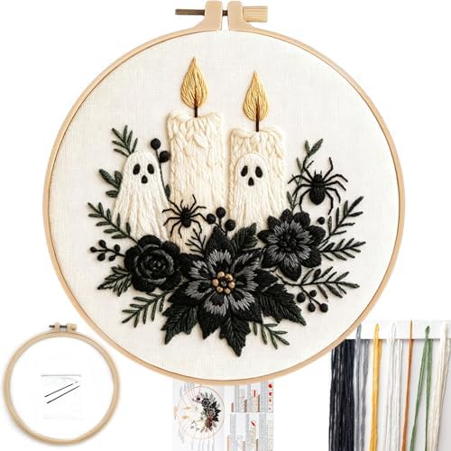 FONNUY Halloween Embroidery Kits for Beginners,Skull Pumpkin Spider Web Floral Stamped Cross Stitch Kit for Adults, Spooky Season Boho Wall Decor, 8'' Hoop (Candles)