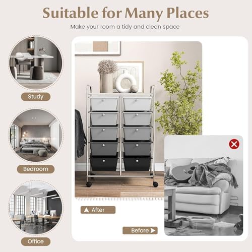 LDAILY 10 Drawer Rolling Cart, Storage Cart Organizer on Wheels, Drawer Cart with Metal Frame & Large Storage Capacity, Rolling Cart with Drawers for Living Room Classroom, Office