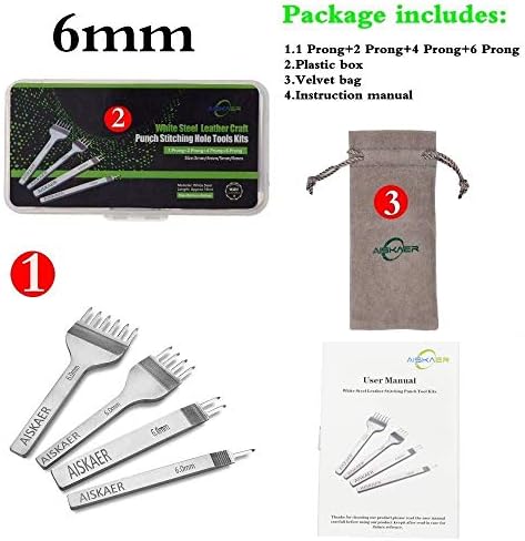 Aiskaer Leather Stitching Punch Set, Diamond Chisel Tools, 6mm White Steel 1/2/4/6 Prong for Leather Craft DIY