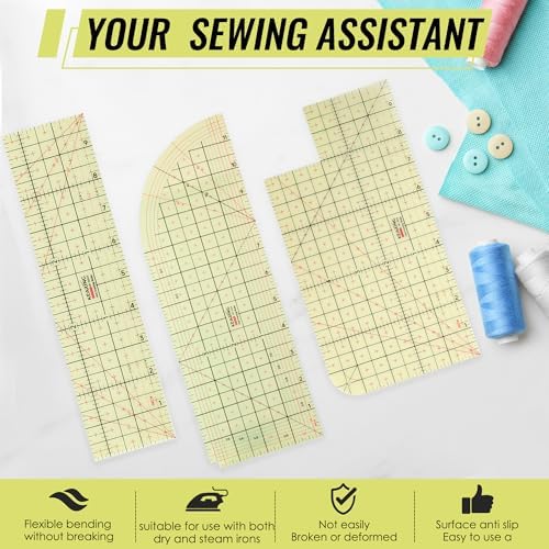 3 Pieces Hot Hem Ruler for Sewing Ruler Heat Resistant Ruler for Quilting and Sewing Tool Thin Pattern Making Clean Measuring Non-Slip Pressing Tool