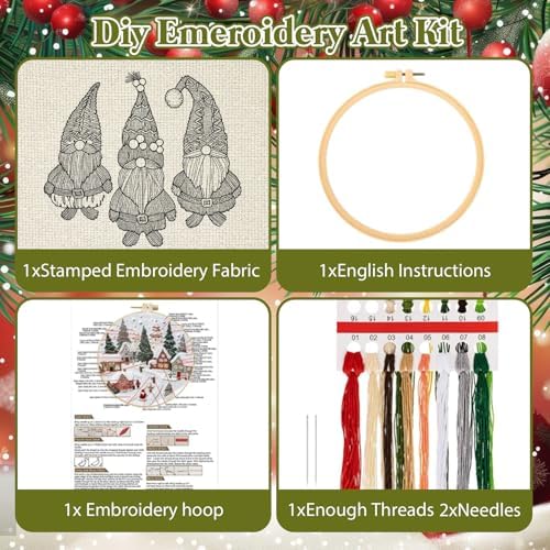 RUIQLXHANG Christmas Embroidery Kit - Christmas Gnomes Embroidery Kits for Beginners with Pattern, Cotton Threads, Needles, Instruction, 20cm Hoop, Gift for Mom, Grandma