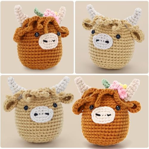 CrochetBox Crochet Kit for Beginner, 2 PCS Highland Cow Easy Learn How to Crochet Stuffed Animals Gift for Adults and Teen(), Knitting Set with Yarn Hook Stitch-by-Stitch Video Tutorial