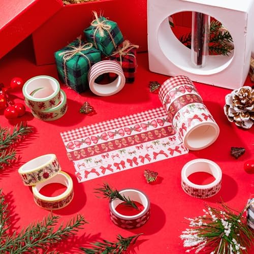 Christmas Bow Washi Tape - 12 Rolls Festive Holiday Designs with Holly Candy Cane Patterns, Easy Tear & Acid Free Adhesive for for Gift Wrapping, Scrapbook, Journal Decor & DIY Projects