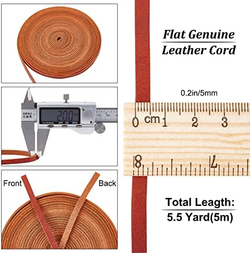 GORGECRAFT 5.5Yds 5mm Flat Genuine Leather Cord String Natural Leather Craft Lace Strips Full Grain Cowhide Braiding Cord Roll for Jewelry Making DIY Braided Bracelets Keychains(Brown)