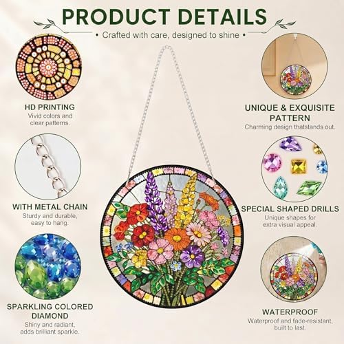 HMZephitiquc Flower Diamond Art Window Suncatchers, Special Shaped Crystal Diamond Painting Hanging, 5D Gem Art for Adults, Sun Catchers Indoor Window DIY Crafts for Gift Home Decor