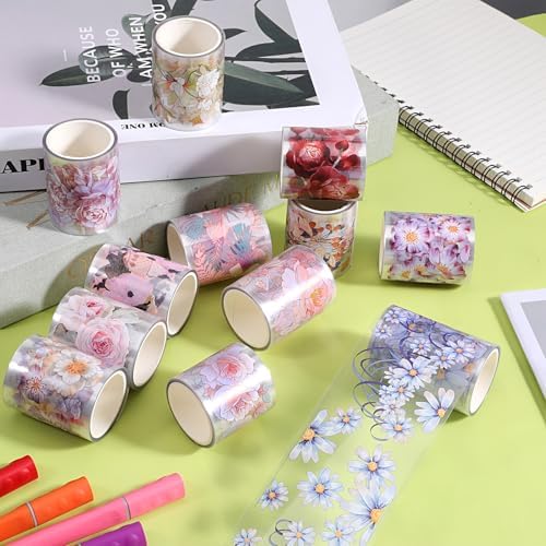12 Rolls Floral PET Tape for Journaling and Scrapbooking Aesthetic Washi Tapes Floral Journaling Tape for Art Crafts, Aesthetic Washi Tapes Scrapbooking Supplies