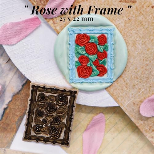 VANGOAL Wax Seal Stamp, Floral Series, 3D Embossed Brass Stamp Head with Wooden Handle, Vintage Sealing Kit for Wedding Invitations, Envelopes, Gift Wrapping, Letters and Crafts (Rose with Frame)