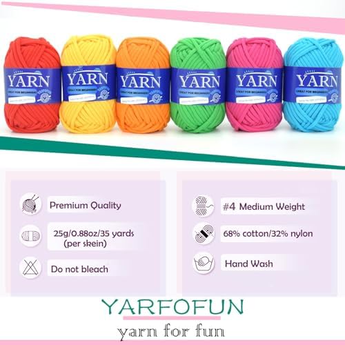 6 Pack Beginners Crochet Yarn Cotton for Beginners Crocheting and Knitting Cotton Nylon Blend Easy Yarn for Beginner Crochet Kit-Bright Series