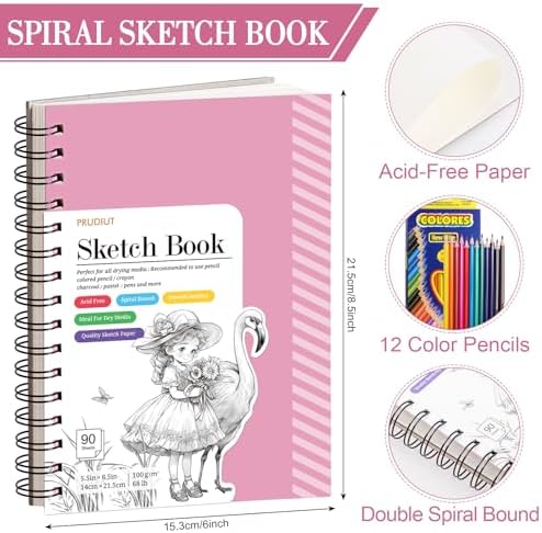 Sketch Book with 12 Color Pencil Set, 90 Sheets Spiral Sketchbook for Drawing (68lb/100gsm), Acid-Free Sketch Pad for Kids Artist, Art Paper Drawing Supplies for Gifts(Pink) (Pack of 2)