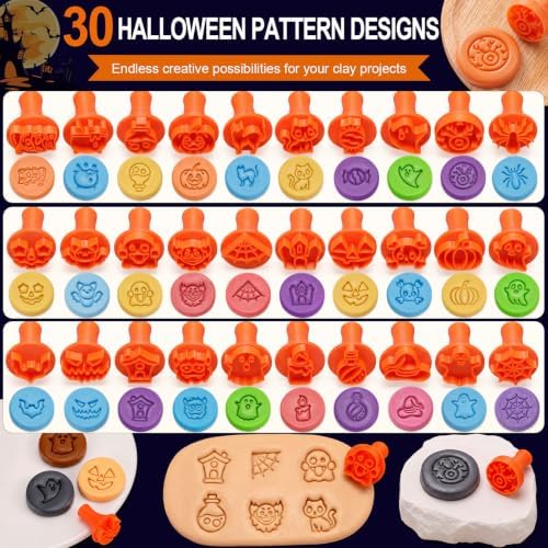 30 Pcs Halloween Pattern Clay Modeling Stamp Set with 72-Character Letter Stamps and Storage Box, Halloween Pattern Stamps for Polymer/Ceramic Clay, Pottery Craft, Cookie and Jewelry Making