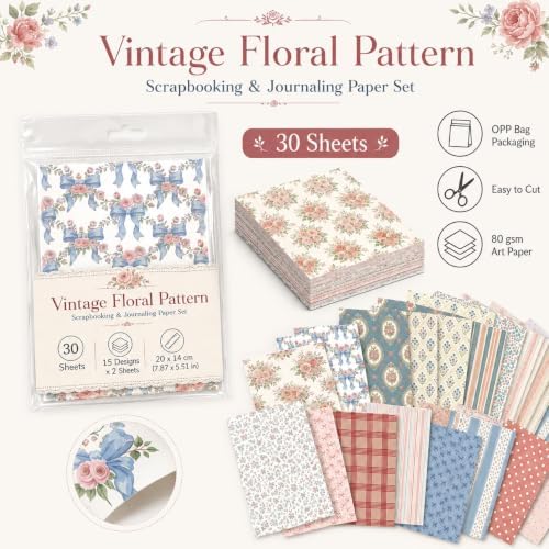 30 Sheets Vintage Floral Pattern Scrapbook Paper, Craft Cardstock for Journaling, Gift Wrapping, Collage Art & DIY Greeting Cards