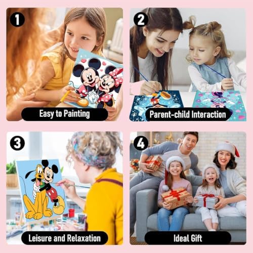 Fuinkqe 4 Ps Paint by Numbers Kit for Kids with Framed Canvas,Cartoon Paint by Numbers for Kids Ages 8-12 with Wooden Easel,Easy Paint by Numbers Kits for Home Wall Decor 8X8 Inch