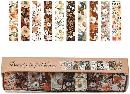 10 Rolls Blooming Flowers Washi Tape Set Floral Arts Adhesive Tapes Colorful Garden Decorative Masking Tape Sets for Craft, Kids, Scrapbook, DIY, Gift Wrapping (5-Browns)
