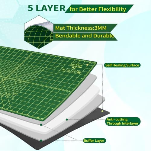 Self Healing Cutting Mat 23 x 47 in, Double Sided Grid PVC Craft Cutting Board, 5-Layer Rotary Cutting Mat for Sewing, Quilting, Fabric, Vinyl, Paper, Leather, Scrapbooking, Craft Projects