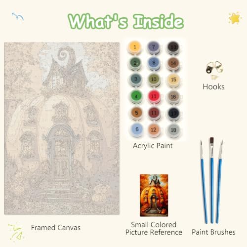 Spandrel Pumpkin House Framed Paint by Numbers Kit for Adult, Halloween Adult Paint by Number Kits on Canvas, DIY Acrylic Oil Easy Autumn Painting by Numbers Fall for Home Wall Decor, 8x12in