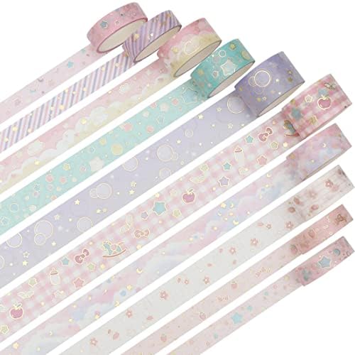 Creative Washi Tape Set 10 Rolls Gold Foil Print Decorative Masking Tapes for Arts, DIY Crafts, Journals, Planners, Scrapbook, Wrapping (Cute Sweety)