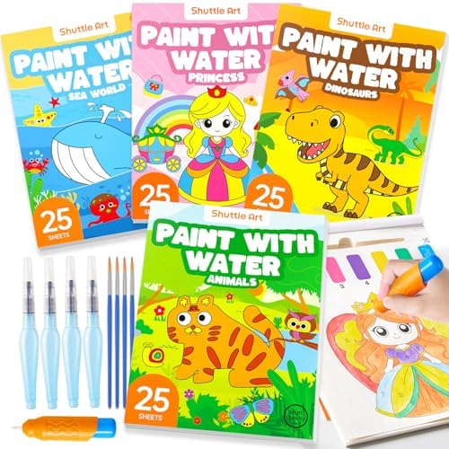 Shuttle Art Paint with Water Coloring Book for Kids, Pack of 4, 100 Sheets Watercolor Paint Set for Kids Ages 3-5, 4-8, Mess Free Travel Art Supplies, Birthday Christmas Craft Gift