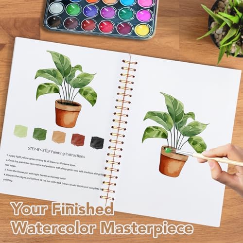 Easy Watercolor Workbook for Beginners - 12 Beautiful Step-by-Step Paintings Water Coloring Book, Includes 18 Colors Paints, Relaxing Art Projects and Creative Gift for Adults & Teen (Plants)