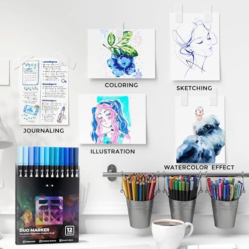 Blue Duo Tip Marker Pens, 12 Fine & Brush Tip Pen For Adult Coloring Books