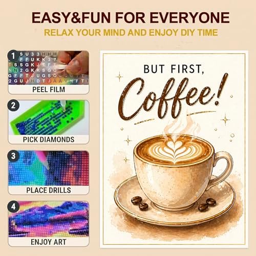 TOPCLTV Coffee Cup Diamond Art Kits for Adults - 5D Full Round Drill Diamond Painting Kit for Beginner, DIY Crystal Gem Art for Kitchen & Coffee Bar Decor,Relaxing Hobby Woman Gift 12x16 Inch