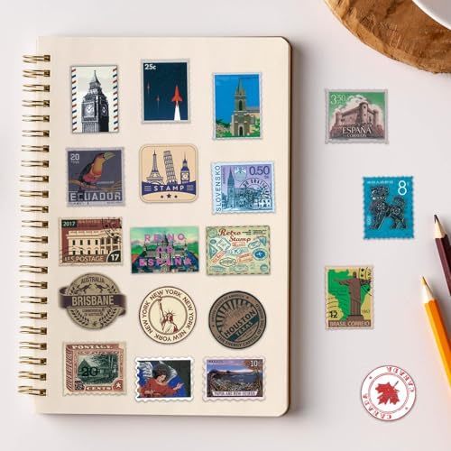 Vintage Travel Postage Stamp Stickers - World Landmarks USA Australia Brazil Waterproof Vinyl Stickers for Journal Planner Laptop Scrapbooking