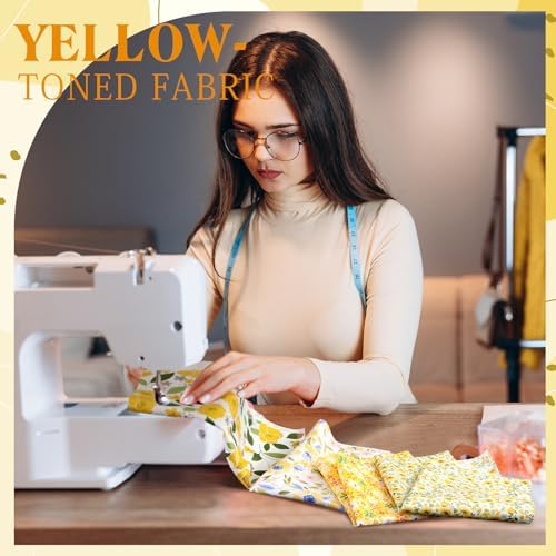HunnmingRe 20 Pcs 10''x10'' Yellow Flower Quilting Fabric Square Spring Floral Precuts Quilted Fabric Bundle Plaid Polka Dot Stripes Printed Sewing Material for Summer Patchwork DIY Craft Supplies