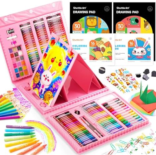 Shuttle Art 335 Piece Kids Art Set, Multi-Media Art Supplies, Gift Art Kit with Trifold Easel, 2 Drawing Pads, 2 Coloring Books, Oil Pastels, Crayons, Watercolors, Markers, Colored Pencils (Pink)