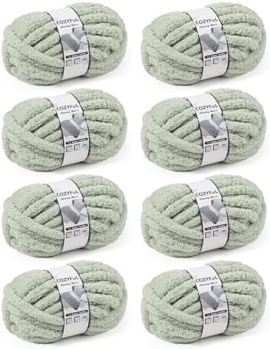 Cozyful Chunky Yarn for Hand Knitting, #9 Thick Jumbo Big Chunky Yarn for Crocheting, Super Chunky Knit Blanket Yarns, Large Chunky Chenille Yarns, 8 Pack (30 yds 8 oz Each Skein), Sage Green