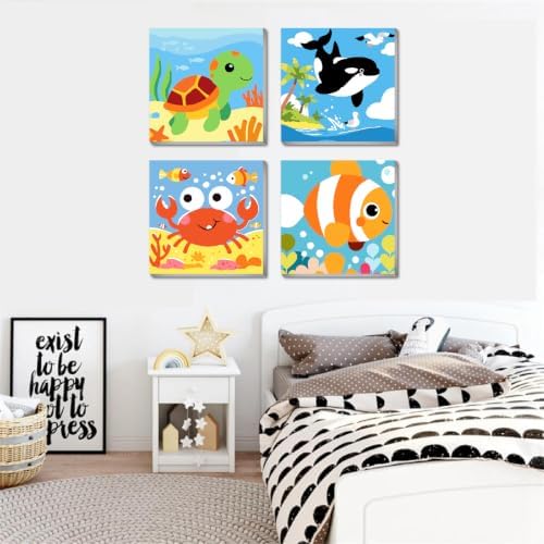 FQOVKYN 4 Pack Paint by Numbers Kit for Kids with Frame, Cute Marine Animals Kids Paint by Numbers Ages 4-6-8, Easy DIY Acrylic Oil Painting by Number for Gift Home Wall Decor(8x8 inch)